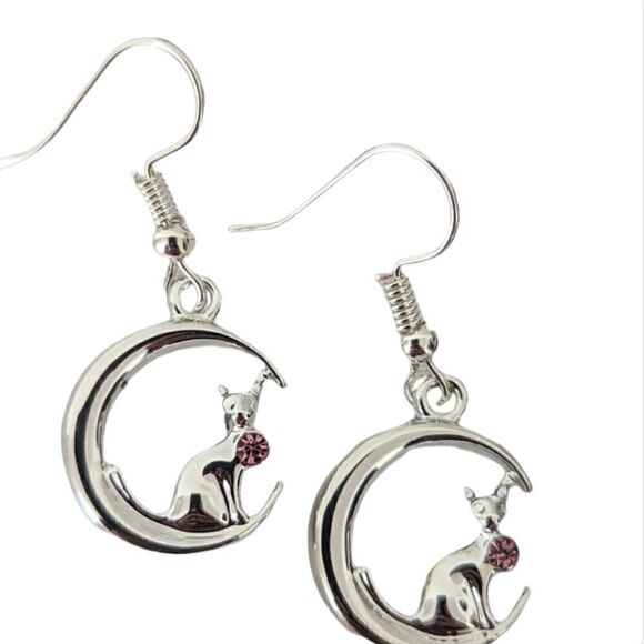 Cat Crescent Moon Pink Rhinestone Earrings - Picture 1 of 4